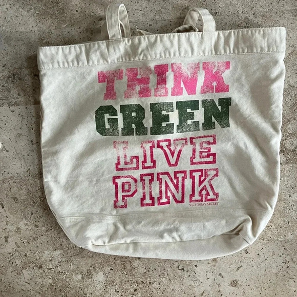 VINTAGE VICTORIA SECRET PINK CANVAS “THINK GREEN LIVE PINK” LOGO TOTE BAG - Picture 1 of 7